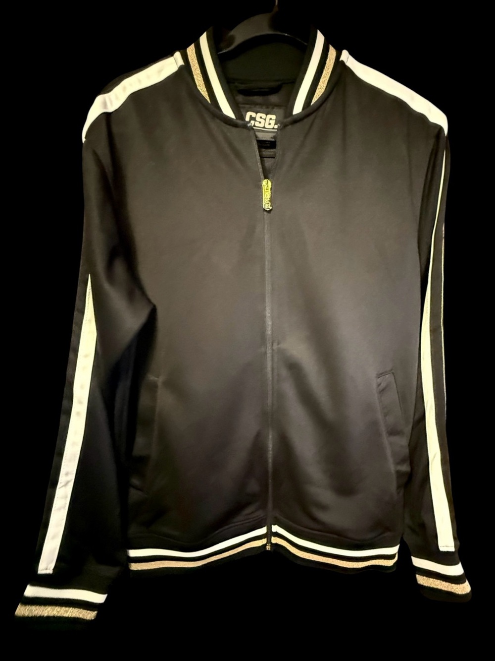 CSG Track Jacket Black Glitter Gold White Stripes Medium